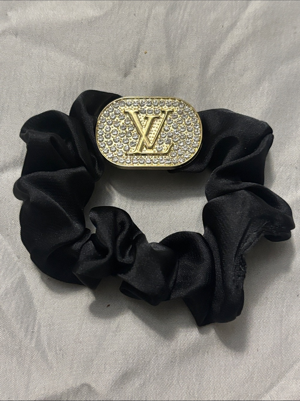 Louis Vuitton Black Satin Scrunchie with Gold Rhinestone Logo Accent